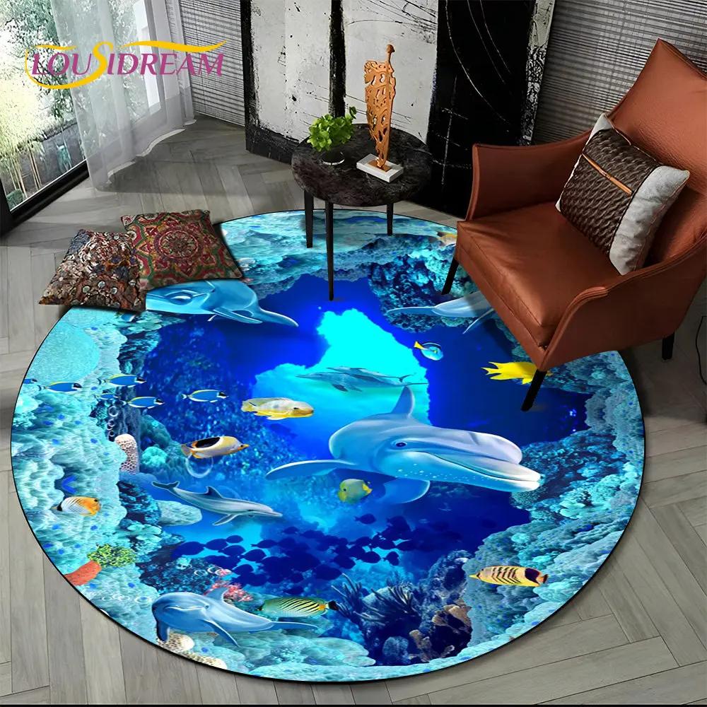 3D Seabed Illusion Underwater World Dolphin Round Area Rug,Carpet for Living Room Bedroom Sofa Playroom Decor,Non-slip Floor Mat