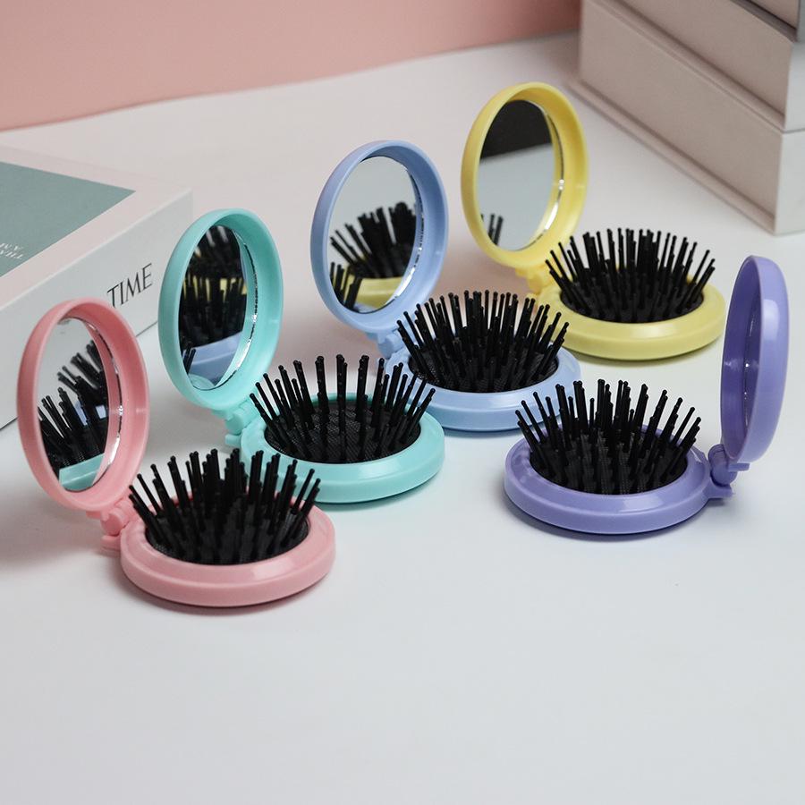 Compact Folding Comb with Mirror & Air Cushion Massage for Girls