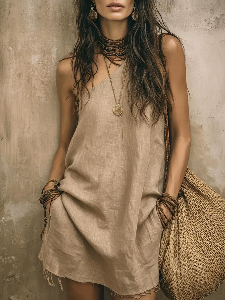 women's Solid Color Asymmetric One Shoulder Linen Texture Loose Pocket Short Mini Vacation Dress