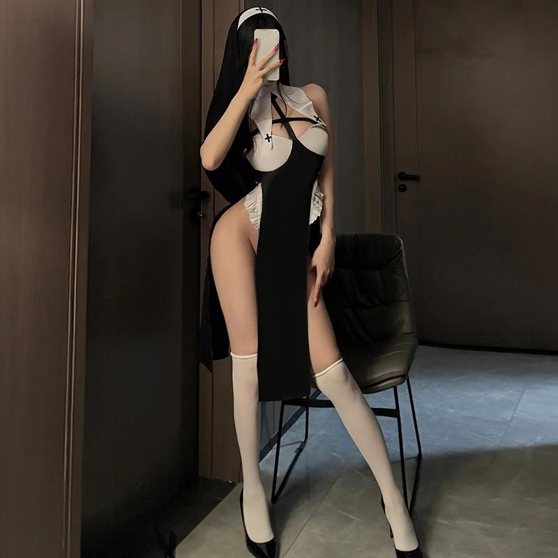 Women Sexy Lingerie Nun Uniform Crotchless Maid Dress Cosplay Porn Role Play Costume Adult Sex Clothing Sister Underwear Outfit