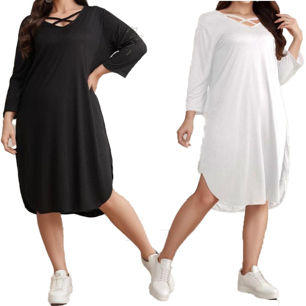 Women's Plus Size Dress Long-sleeved V-neck Casual Loose Knee-length Dress
