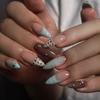 24PCS Sweet Glossy Nude Almond Press on Nails Y2k Brown Polka Dots Star False Nails Macaron Blue Pink Cat Eye Cute Nail Tips Art