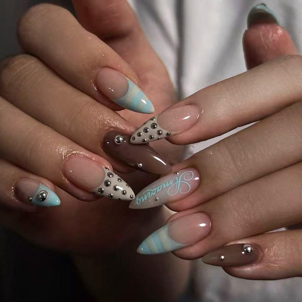 24PCS Sweet Glossy Nude Almond Press on Nails Y2k Brown Polka Dots Star False Nails Macaron Blue Pink Cat Eye Cute Nail Tips Art