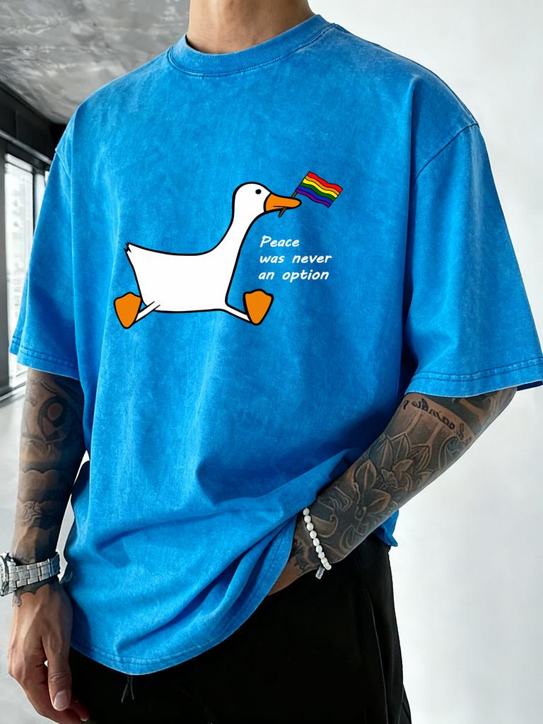Peace Was Never An Option Print Men Washed T Shirts Casual Cotton TShirt Loose Crewneck Short Sleeves Vintage Vacation Clothes