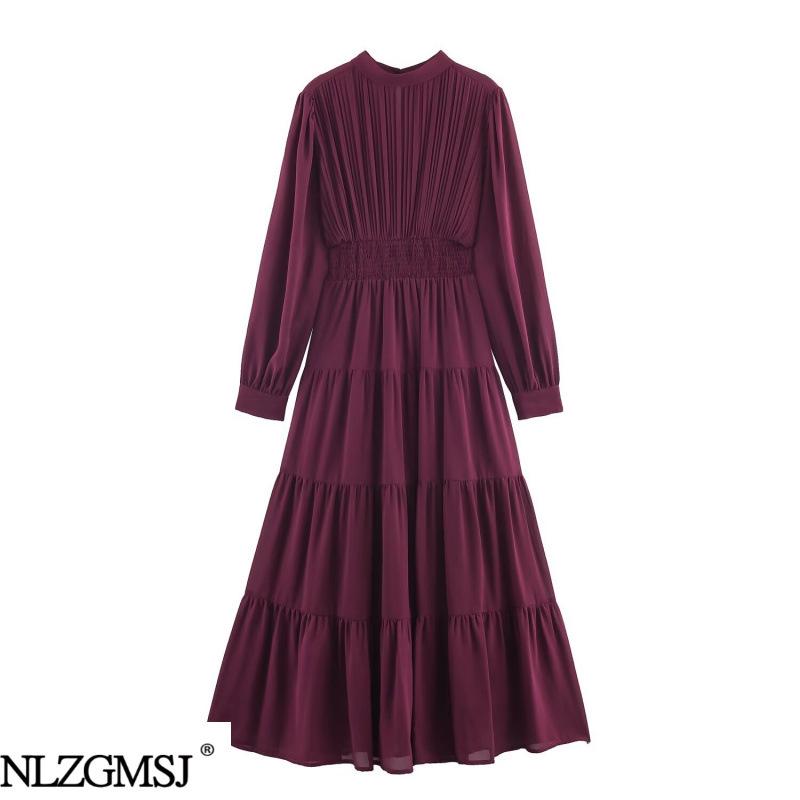 Spring 2026 European & American Style Elegant Slimming Chiffon Pleated Waist-Cinched Long Dress Medium