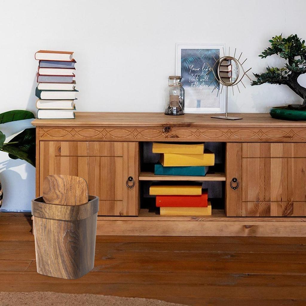 12L Odor-Proof Trash Can Mini Rectangular Reusable Faux Wood Grain Trash Can Bedroom Trash Can with Swing Lid