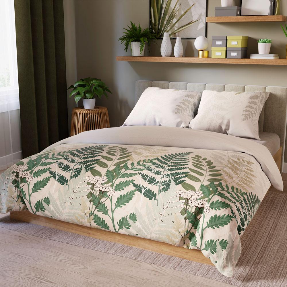 FERNA bedding set 160x200 cm - satin cotton, beige, botanical pattern