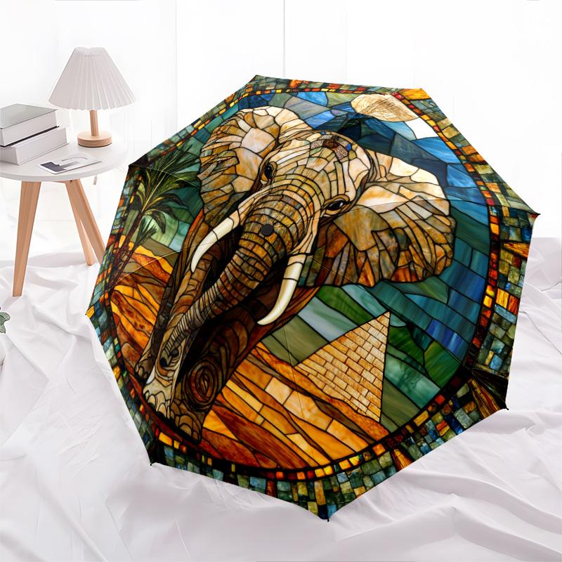 0106 Parasol automatycznie składany, wzór Słoń w oknie szklanym, przenośny i składany design, 8 żeber, prezent na Boże Narodzenie lub urodziny.