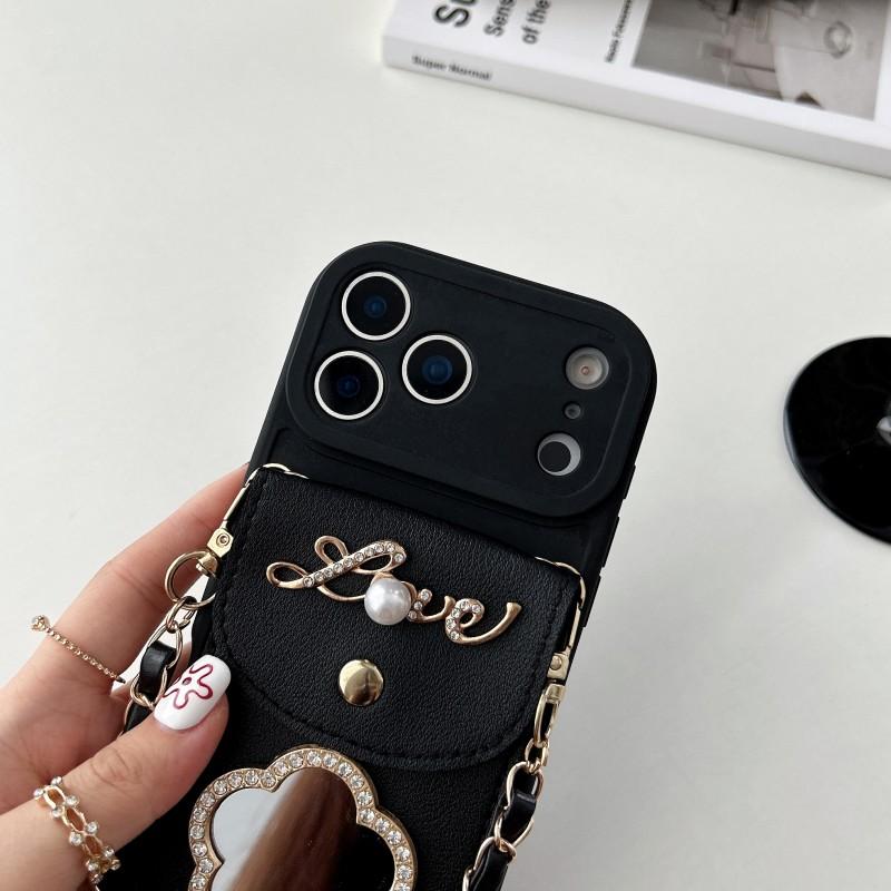 Custodia a Portafoglio Specchio per iPhone 17 Pro Max Air 16 Plus 11 12 13 14 15 Pro Cinturino Slot per Schede Laccio per Collo a Tracolla Corda Copertura a Borsa Fiorita