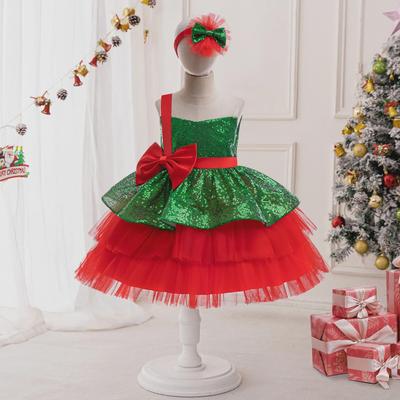 Sequined Mesh Princess Christmas Party Dress for Girls with Bow Accents