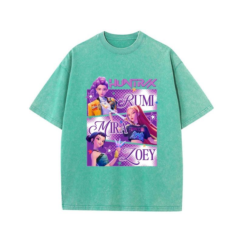 Street-style Women's Cotton Washed T-shirt, Popular Anime Printed Top, Loose O-neck Soft Short-sleeved Women's Clothing