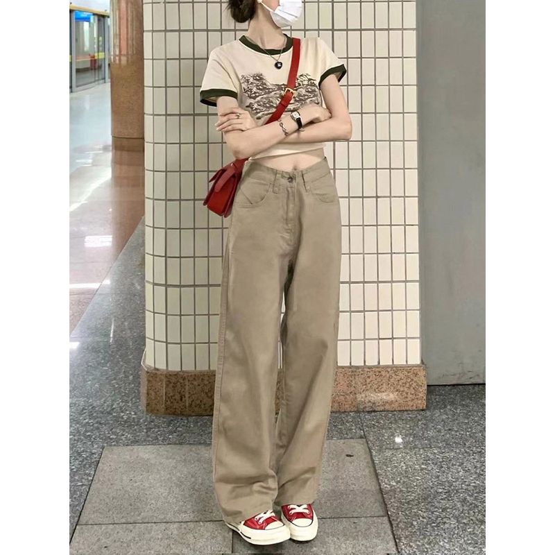 Mm Khaki Wide Leg High Waist Loose Pear-Shaped Denim