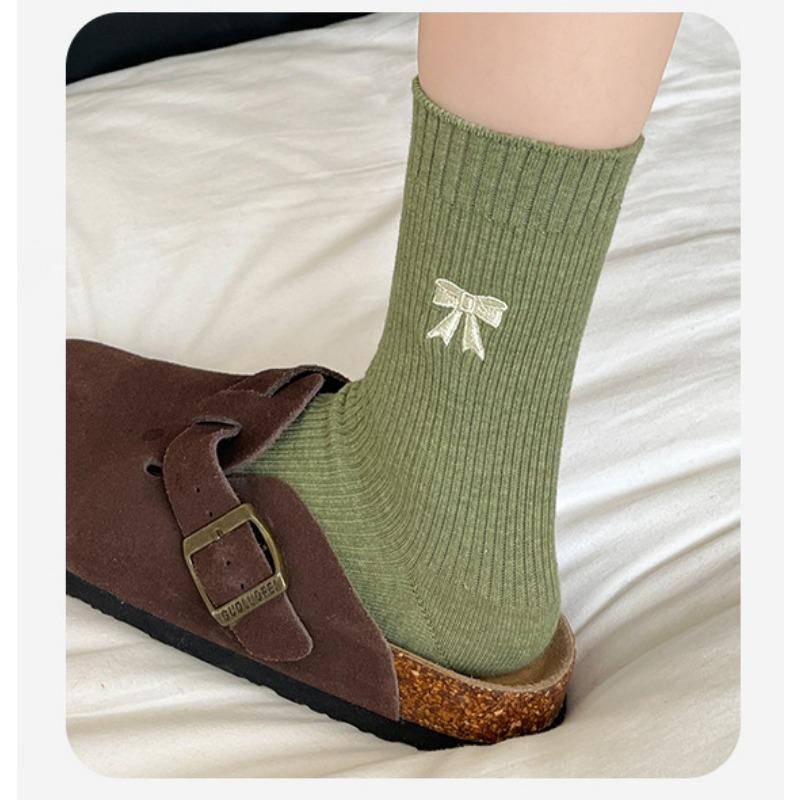 Bow Socks for Women, Autumn Style Cotton Socks, Retro Mid-calf Socks, Solid Color Women's Socks, Mid-calf Pile Socks