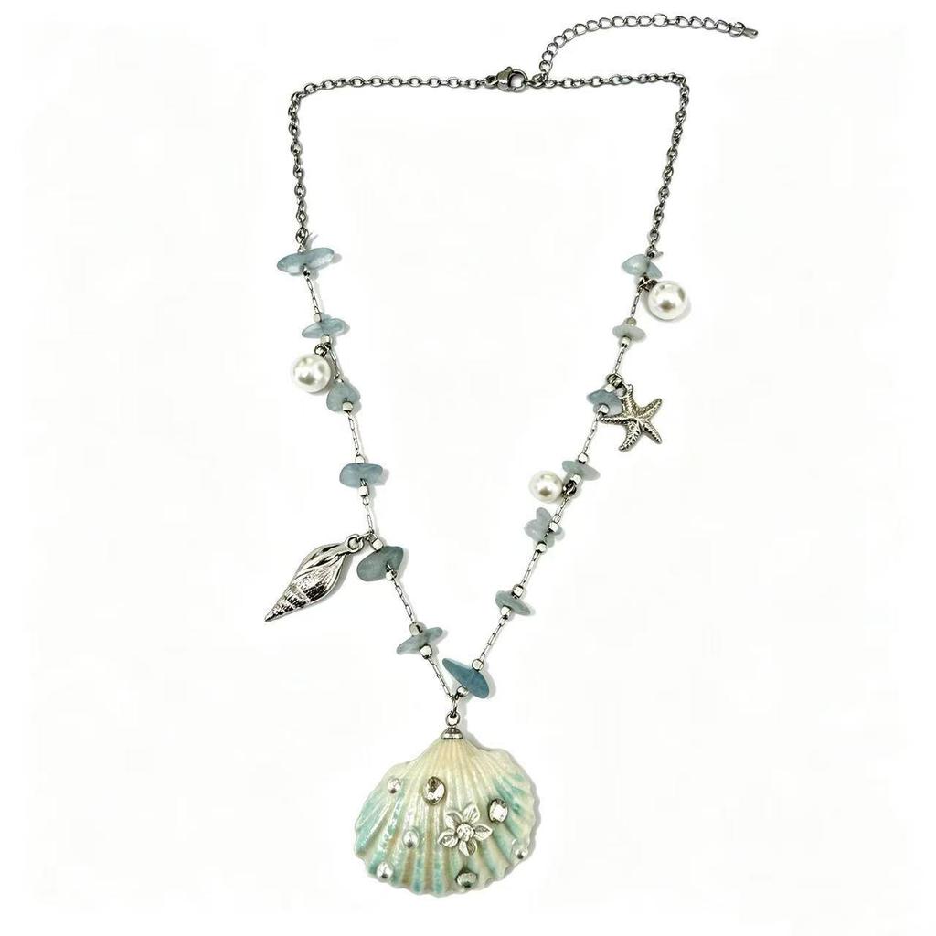 Custom Starfish Pearl Necklace: Stylish Vacation Shell & Natural Stone Collarbone Chain. Perfect Versatile Accessory.