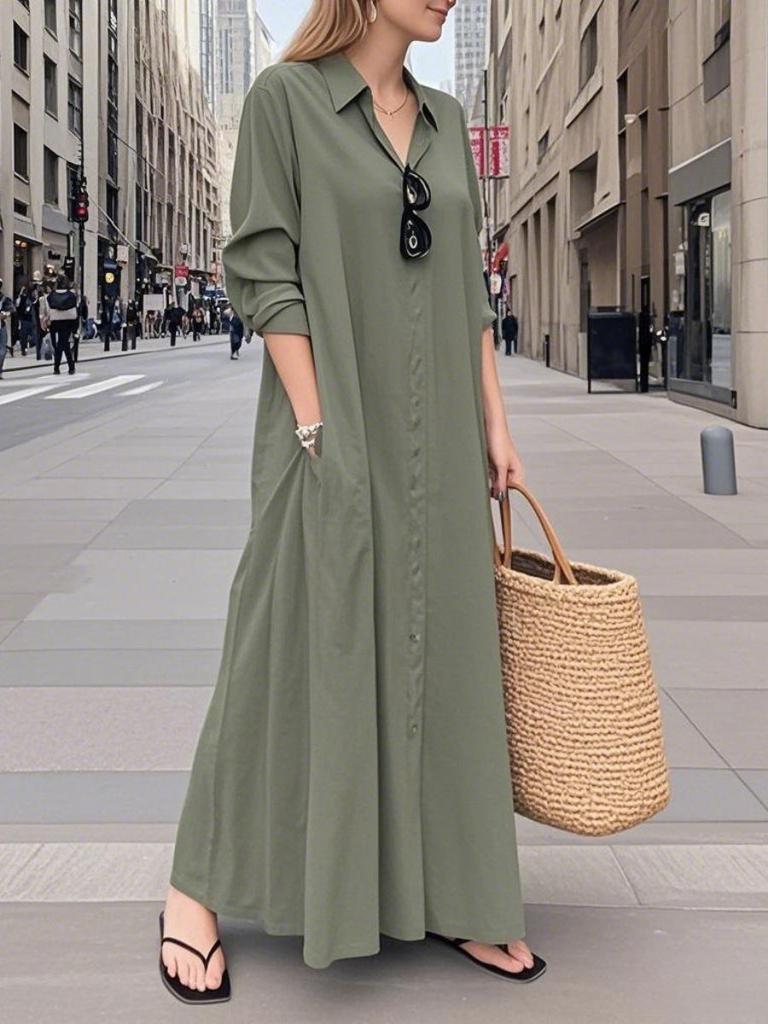 Women's Lapel Long Sleeve Plug Pocket Loose Casual Long Shirt Dresses