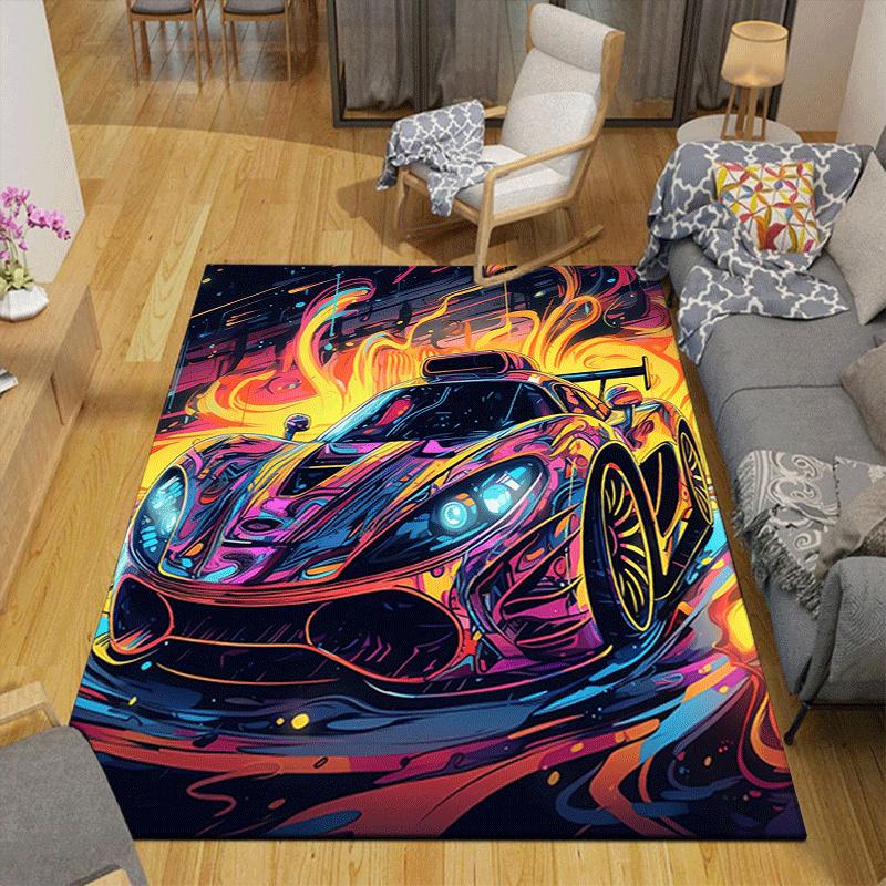 1pc Flame Racing Print, Design Indoor Area Rug, Soft, Anti-Slip, and Durable Gaming Room Decor for Bedroom, Living Room, and Exercise Rugs,