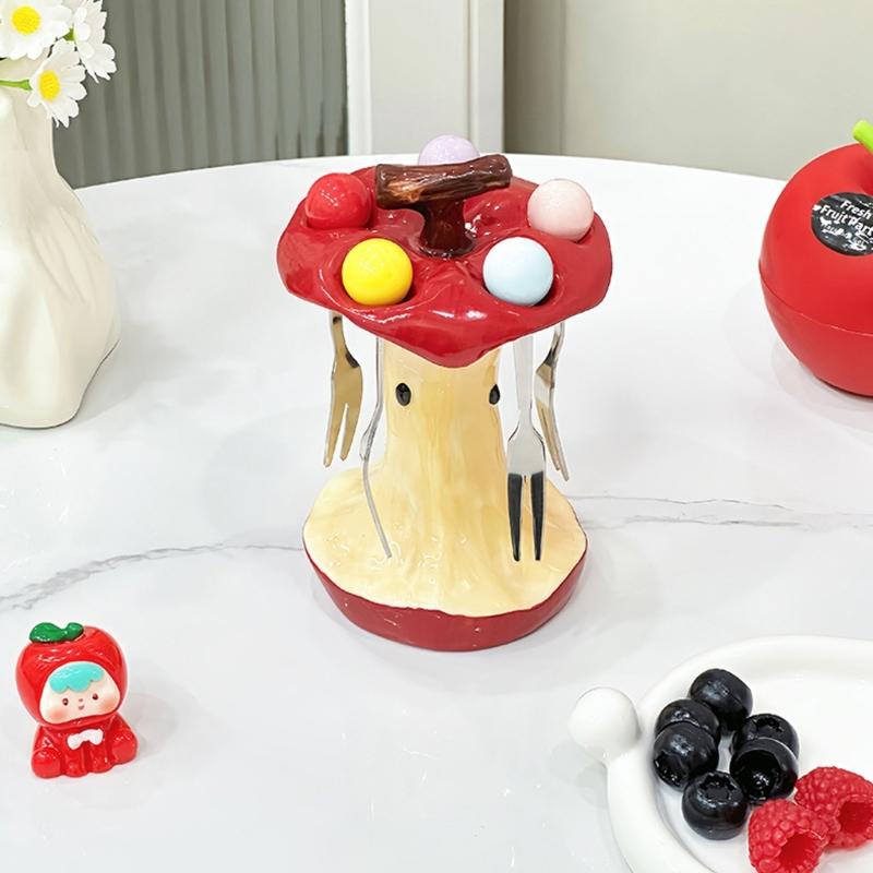 Apples Designs Ceramic Fruit Holder Set Including 4 Snacks Forks Heat Resistant Tableware for Home Party Decoration