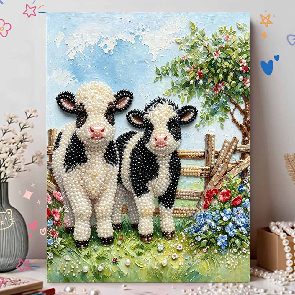 Handmade Framed Pearl Painting Set with Cute Farm Baby Cow Design 5D Shiny Bead Art Canvas Creative Craft for Home Wall Room Decor