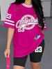 1116 new casual sports style digital printing shoulder sleeve T-shirt high waist tight shorts fashion suit women