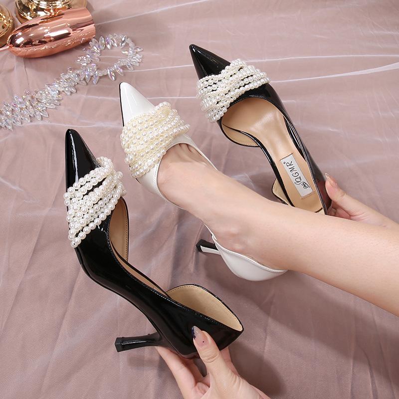 Fashion Pearl Sheepskin Pointed Low Top Single Shoe Monochrome Patent Leather Wedding High Heels Stiletto Bridesmaid Fashion Shoes