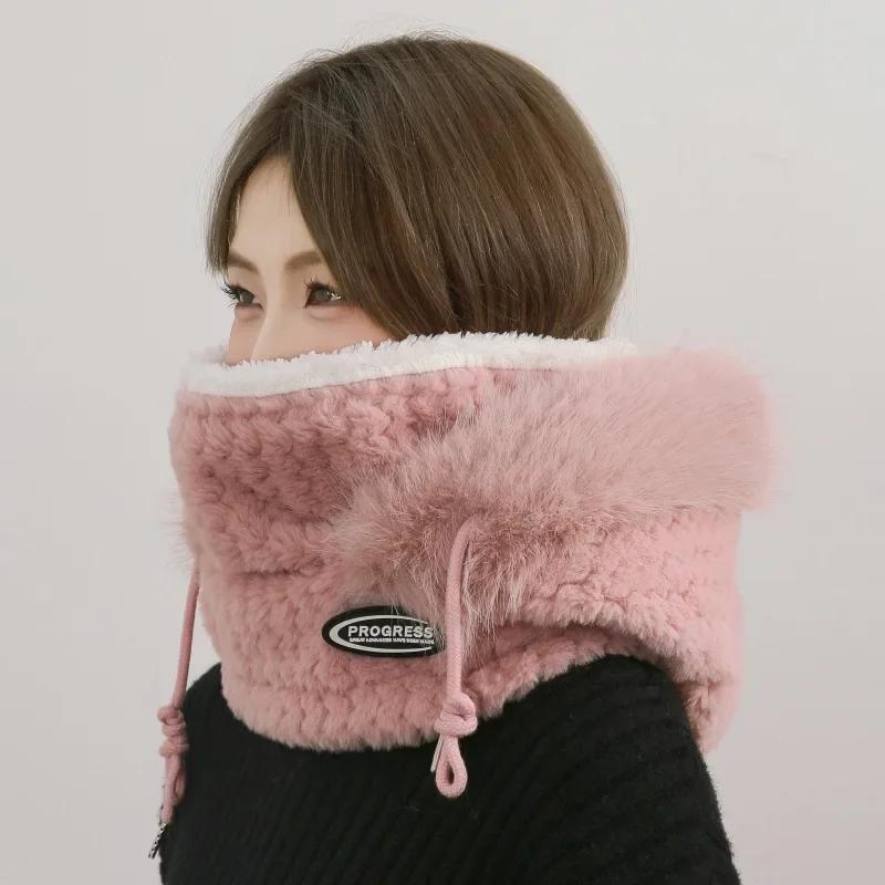 Winter Plush Hat for Women Warm Thick Hood with Scarf Mask Ear Protection Windproof Thermal Cap for Outdoor Cycling Riding