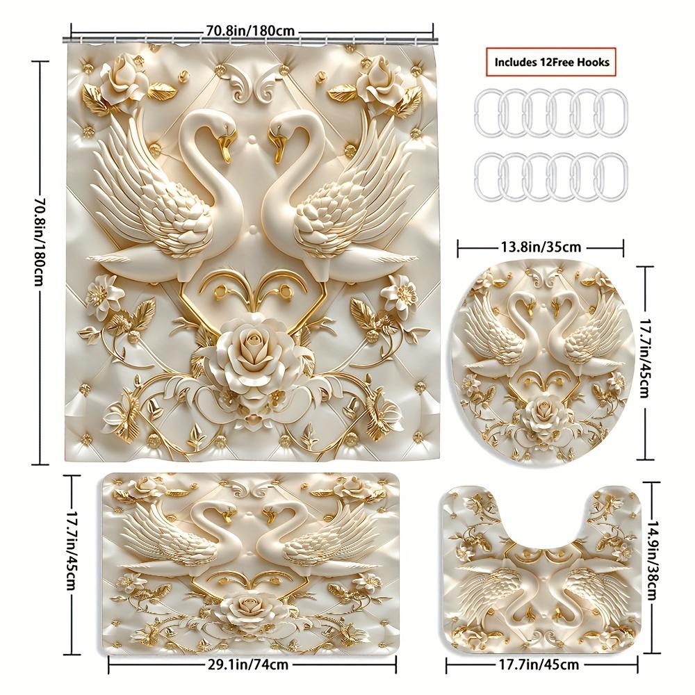 Elegant 3D Swans And Roses Luxury Bathroom Set - Waterproof Shower Curtain, Toilet Lid Cover, Bath Mat, And Contour Mat