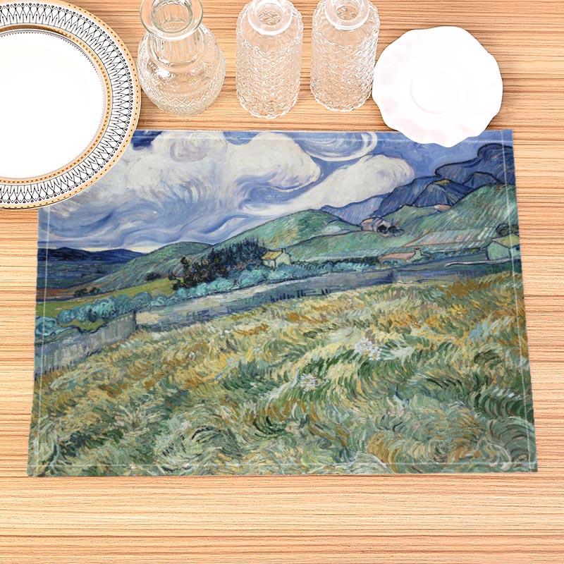 Van Gogh Painting Print Linen Dining Table Mats Kitchen Placemat 30X45cm Coasters Pads Bowl Cup Mat