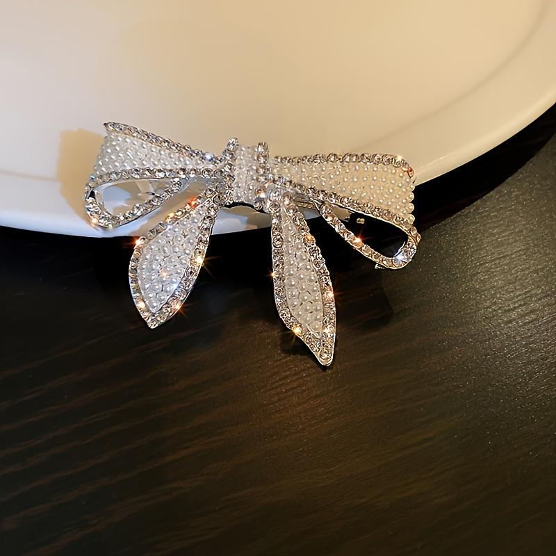 Elegant Iron White Rhinestone Bow Hair Clip Pearl Accented Spring Clip Butterfly Knot Hair Accessory For Women