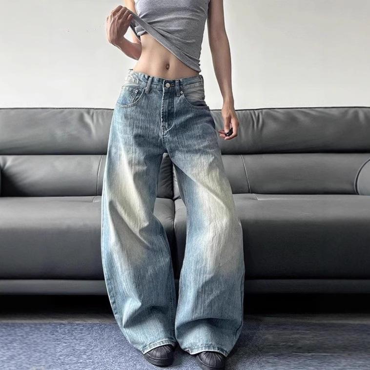 American Retro High-waisted Scimitar Jeans Women's High Street Design Loose and Thin Wide-leg Pants High Waist Light Wash Wide Leg Jeans