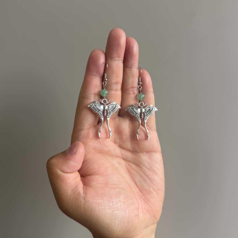 Bohemian Gothic Retro Ancient Silver Jade Moth Earrings Gift