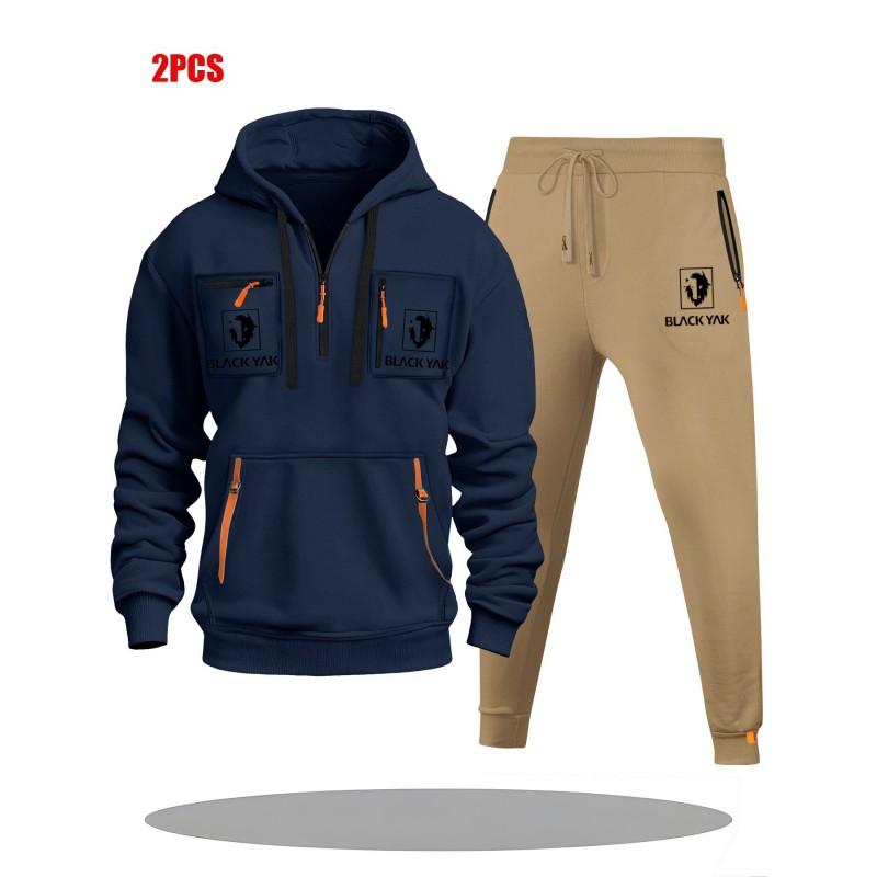 Mens Hoodie Sweatshirt Set Solid Color Multi-Zipper Pockets Casual Wear