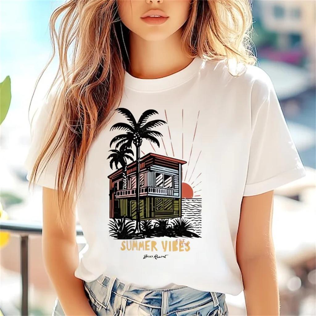 Retro Cute Regular Harajuku Short Sleeved Seaside Vacation Fun and Popular Women's 90s Trendy Casual Summer Round Neck Top