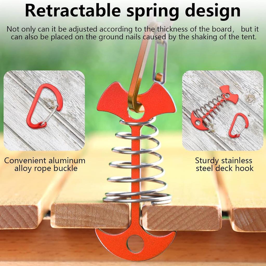10 Pcs Fishbone Tent Stakes, Deck Anchor Pegs with Carabiners, Windproof Aluminum Deck Tie Down Spring Tent Stakes, Camping Outdoor Fishbone Tent Anc
