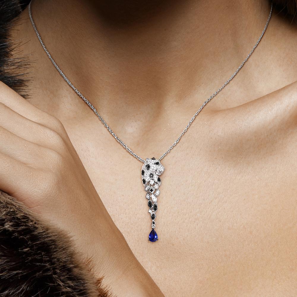 Silver Pendant For Women Authentic 925 Sterling Silver Leopard Panther Sparkling Black Spinel Trendy Party Fine Jewelry