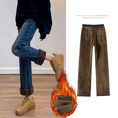 Winter Thickened Women's Velvet Jeans Loose Retro Straight Warm Soft Fleece Elastic High Waist Female Pants