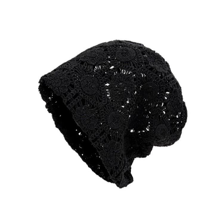 Handmade Crochet Knit Hat Hollow Thin Spring Summer Travel Slouchy Beanie Head Wrap Hat Draped Pullover Hat