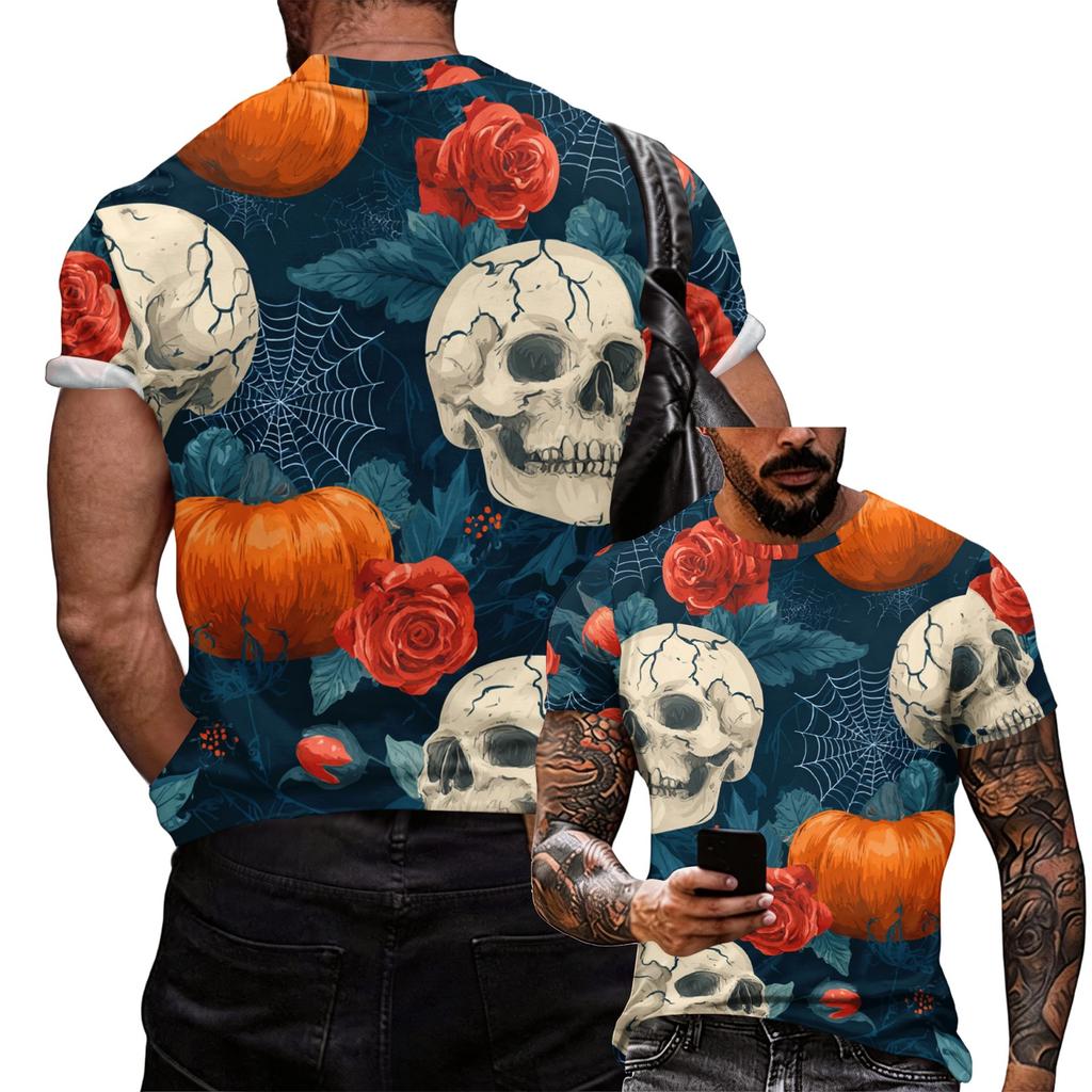 Men's Halloween Graphic T Shirt Loose Fit Casual Short Sleeve Top with Printed Witch and Pumpkin Design for Seasonal Wear