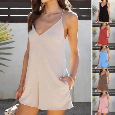 Macacão feminino de verão com decote em V, sem mangas, bolsos largos, cor sólida, sling playsuit