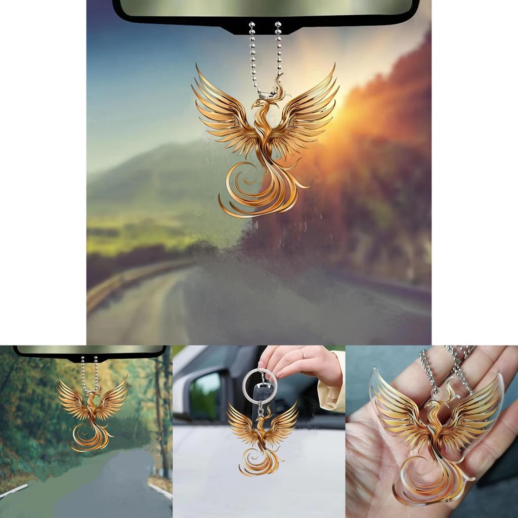 Chic Vintage Acrylic Golden Phoenix Car Hanging Ornament Trendy Backpack Keychain Decor