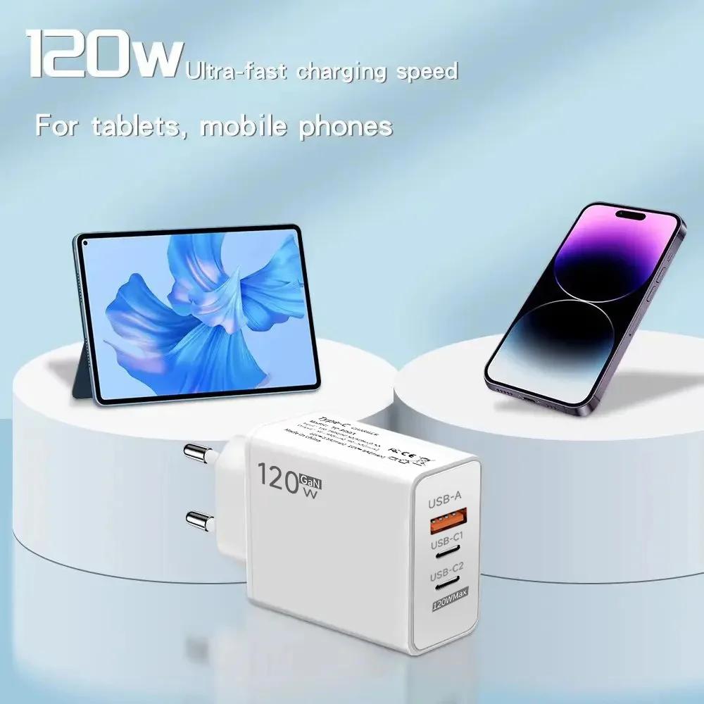 120W 3 Ports USB Charger Type C Fast Charging EU/US Plug Wall Charger 6A Type C Cable For  Mate 50 60 Honor Quick Charger