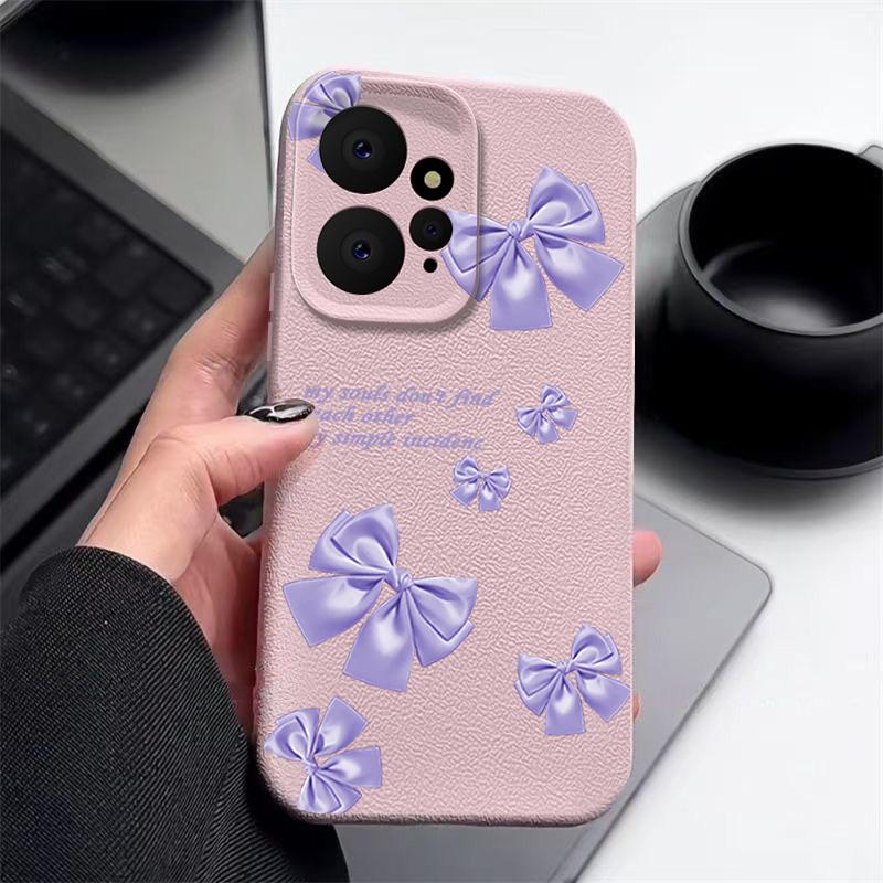 Purple Bowknot Print Leather Texture TPU Matte Case For Xiaomi 13T Poco X6 M6 Redmi Note 14 Pro 13 12 11 Lens Protection Soft Shockproof Phone Cover