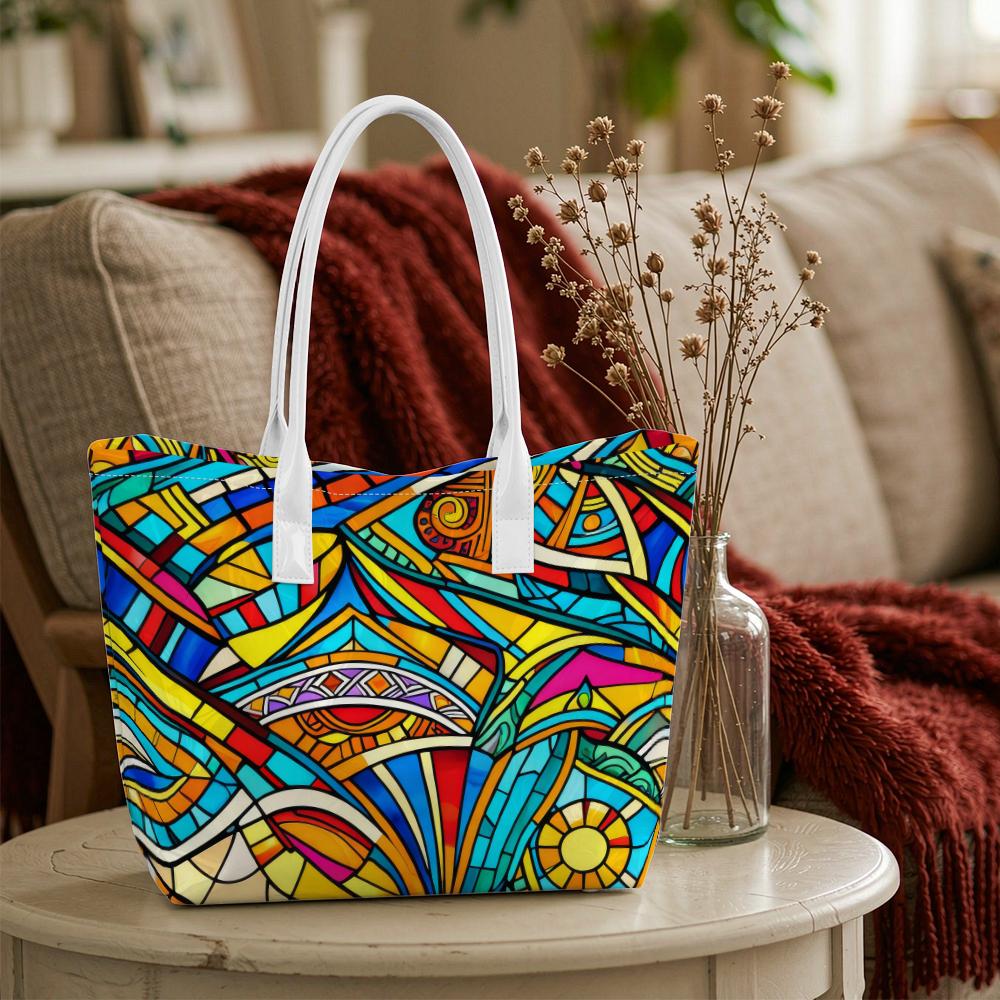 Colorful Stained Glass Style Tote Bag for Daily Outdoor Shopping Use
