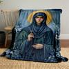 Religious Icon with Blue Floral DesignFlannel Blanket for Bedroom, Living Room, Sofa, and Nap