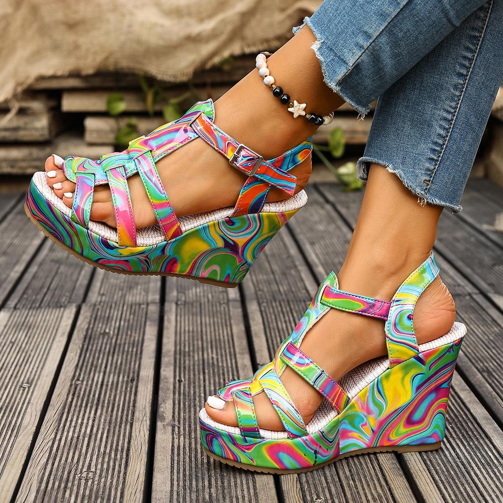 High Heel Sandals Women's New Cross-border Foreign Trade Large Size Wedge Embroidered One Line Buckle Peep Toe Platform Women