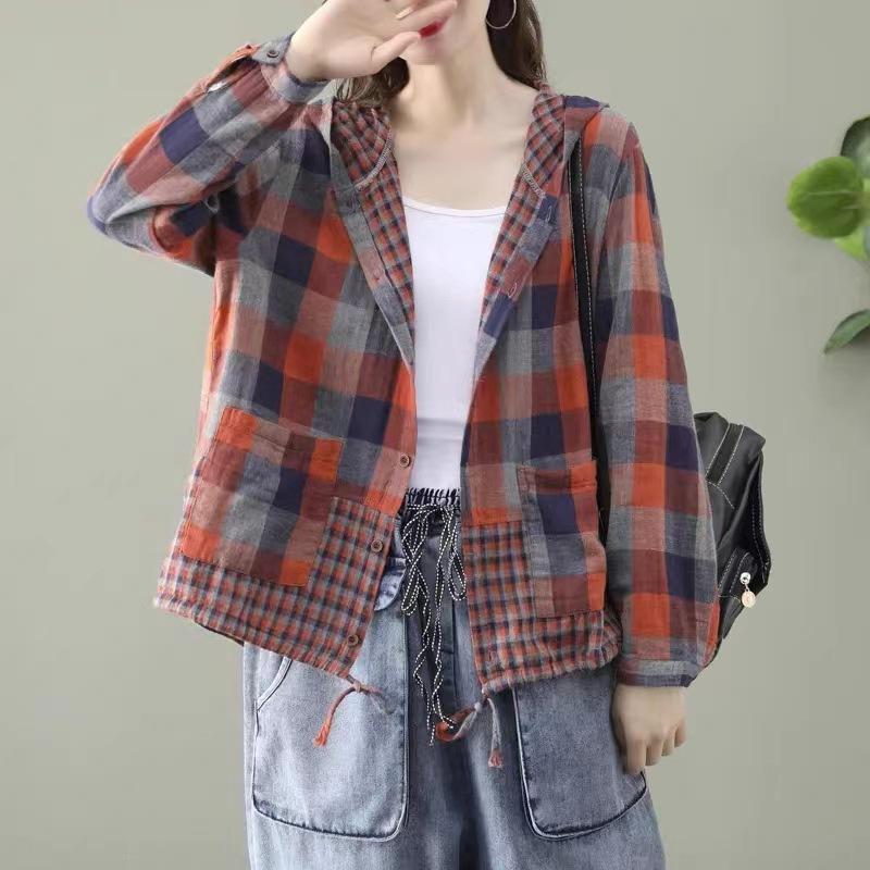 

Spring Autumn Cotton Korean Fashion Women Spring Loose Hooded Plaid Shirts Ladies Linen Casual Blouses Females Classic Oversized Tops L