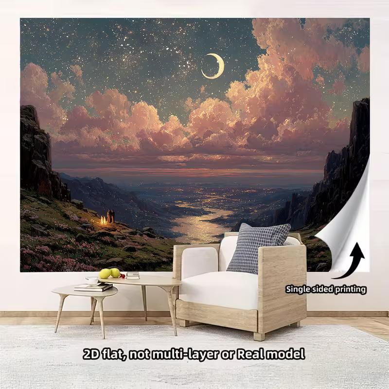 2D Aesthetic Moonlight Valley Tapestry, Dreamy Pink Clouds & Starry Sky Art