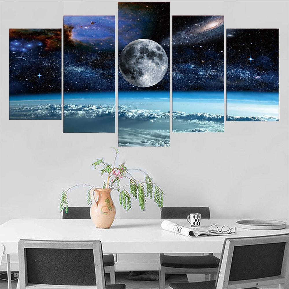 Wall Art Canvas Painting 5 Pieces Space Universe Moon Stars Painting Modular Framed Canvas Home Decor Poster For Living Room