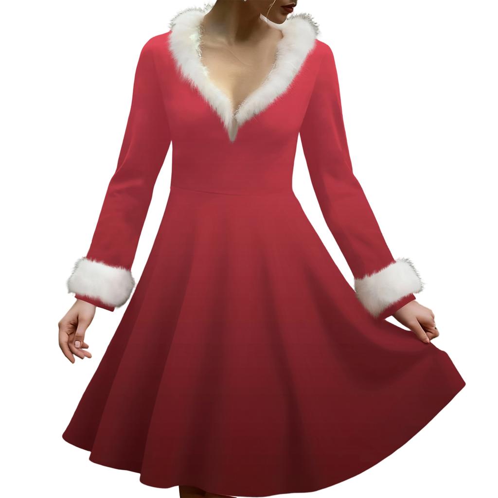 Women's Casual V-neck Christmas Print Plush Long-Sleeve Casual Dress