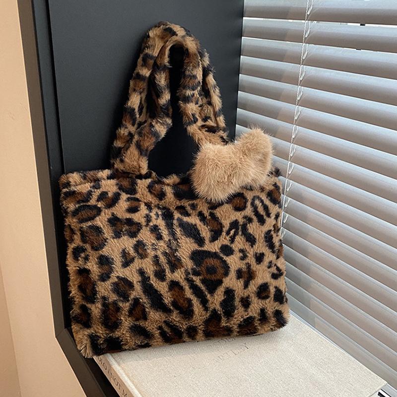 Leopard Print Plush Handbag Soft Fluffy Tote Bag Stylish Shoulder Bags for Women Daily Use Winter Plush Far Totes KTY