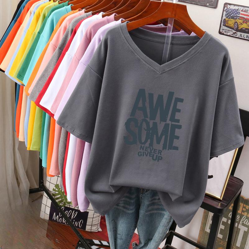 Short-sleeved T-shirt, Loose-fitting, Slimming Printed V-neck Top for Women